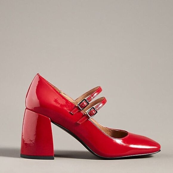 Anthropologie Bibi Lou Milena Heels Cherry Red Patent Leather Maryjane Chunky - Picture 2 of 4